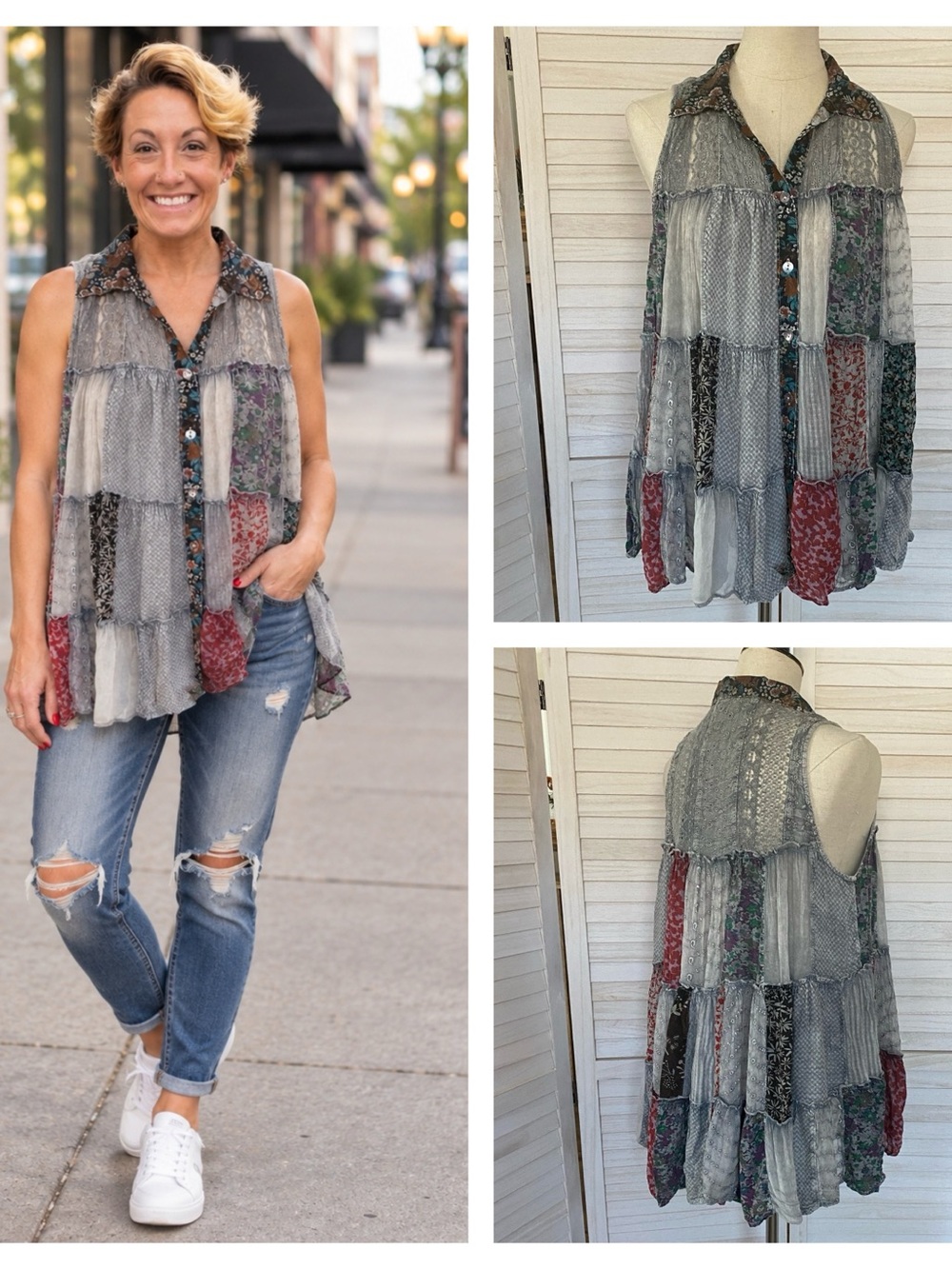 Young Threads Boho Sleeveless Multi Patchwork Button Down Tunic Too SZ L NWt
